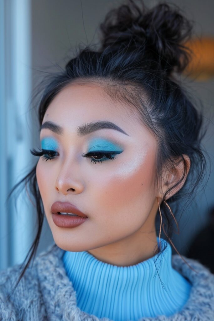 Simple matte turquoise blue eyeshadow with brown crease