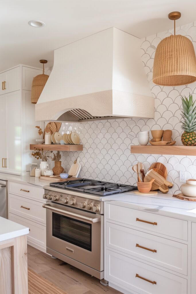White fish scale patterned tile backsplash in a boho kitchen